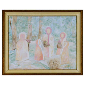 Cueillette en foret Gi Mar artiste peintre femmes enfants manteau automne fleur silhouette