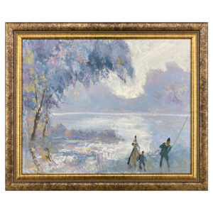 Peche en famille Claude Gianolla Picasso homme femme enfant lac arbre pecheur nuage