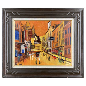 Ville et citadins par H. McCoy artiste peintre maison gratte ciel arbre monument pietons parapluie