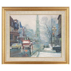 En caleche A. Leimanis giclee artiste peintre ville eglise auto commerce rue