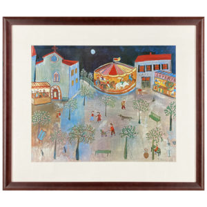 Le cirque est en ville par Y. Rougeville artiste peintre foire carrousel jeux forint arbre gens personne banc