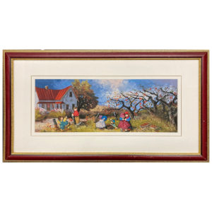 Cueillette de pommes P. T. Paquin artiste peintre enfant jeux amour arbre maison automne art naïf