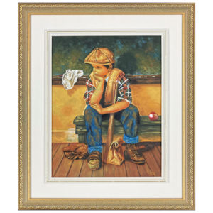 Le petit joueur de baseball Any Annie Picard artiste peintre banc gant lunch baton casquette jeune loge