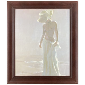 Nu Feminin Bain Matinal Andre Bertounesque peintre plage chapeau buste chale brume