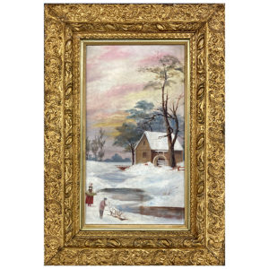 Moulin eau hivers paysage arbre personnage ruisseau riviere neige maison