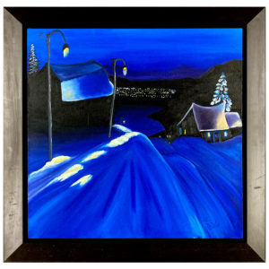 Nuit bleu village Linda peintre ruelle maison neige villa sapin noel fete montagne