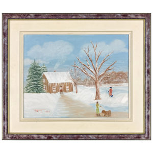 Paysage hiver Thell peintre Maison personnages chien neige arbre nuage solitude