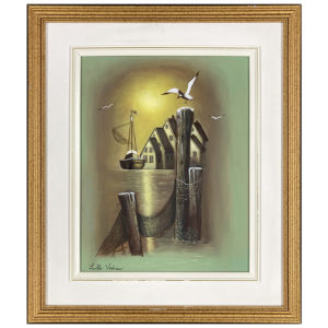 Port peche Lucille Vadnais peintre voilier bateau filet poteau Goelands maison mer ocean