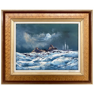 Voilier en peril Deny Cloutier artiste peintre quebecois tempete ocean rochers vagues