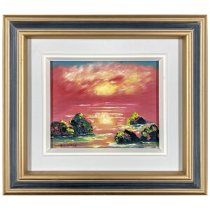 Soleil couchant par R. Laprise artiste quebecois riviere mer rochers eau