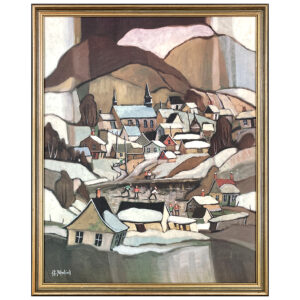Village fete maison montagne eglise ruelle personnage hockey Desoriers peintre neige patin