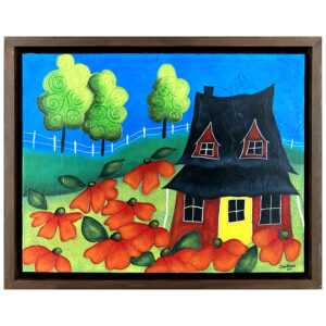 petite maison christiane fleur coquelicot papillon arbre cloture ciel bleu forme carreau lucarne