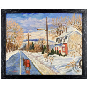 route rue cheval caleche maison neige hiver arbre poteau montagne