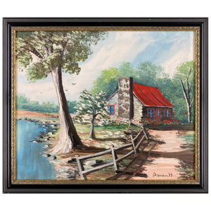 lac arbre cloture maison pierre toit rouge chemin oiseau nuage