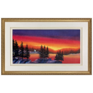 couche soleil ciel enflammee arbre epinette maison eau lemieux
