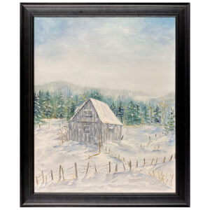 cabane grange cloture solitaire isolement arbre sapin epinette montagne neige hiver