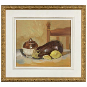 nature morte aubergine citron pot chaise table