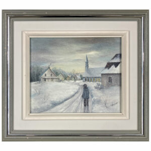 hiver neige personnage cane maison eglise chemin ruelle froid