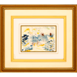 Gouache sur papier 6" x 13" Cadre en bois et vitre 23" x 27" Signée